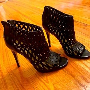 Black open toe high heel ankle boots